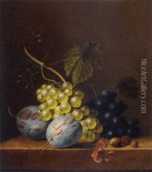Grapes, Plums, Rasberries, And An Acorn On A Wooden Ledge Oil Painting - Arnoldus Bloemers