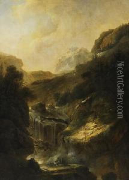 Ideale Gebirgslandschaften Mit Wasserfall Undzeichnern Oil Painting - Heinrich Wust