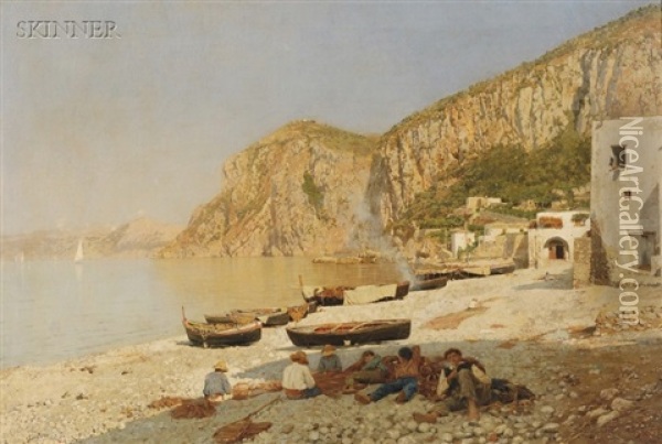 Mending The Nets, An Italian Coastal View Oil Painting - Rubens Santoro