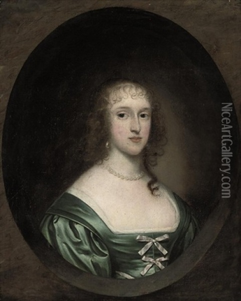 Portrait Of Lady Bowyer In A Green Dress With Ribbons And A Pearl Necklace Oil Painting - Cornelis Jonson Van Ceulen
