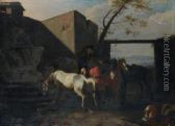 Arret De Cavaliers Devant Unefontaine Oil Painting - Jan Miel