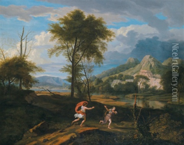 Apollo Und Daphne In Einer Hugeligen Landschaft (+ Rastende Schafer In Einer Arkadischen Ideallandschaft; Pair) Oil Painting - Johannes (Jan) Glauber