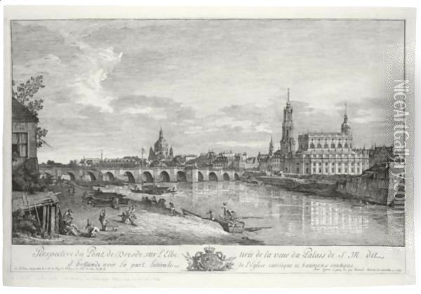 Perspective Du Pont De Dresde Sur L'Elbe, Tiree De La Veue Du Palais De S. M., Dites D'Hollande Oil Painting - Bernardo Bellotto
