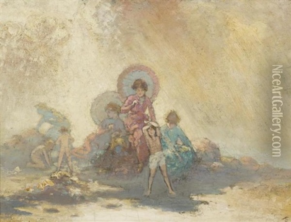 Children And Women With Parasols Oil Painting - George Russell