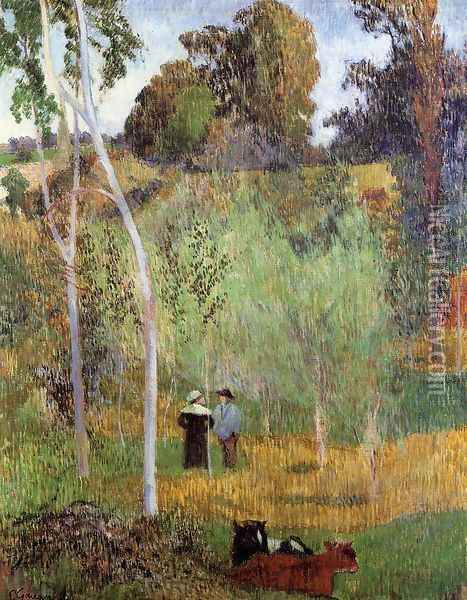 Shepherd And Shepherdess In A Meadow Oil Painting - Paul Gauguin