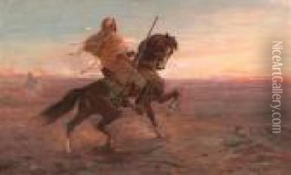 Arab Rider In Steppe Landscape Oil Painting - Otto Pilny