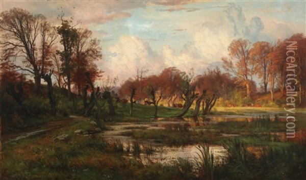 Autumn Meadow Landscape With Cattle At A Water Hole Oil Painting - Carl Frederik Peder Aagaard