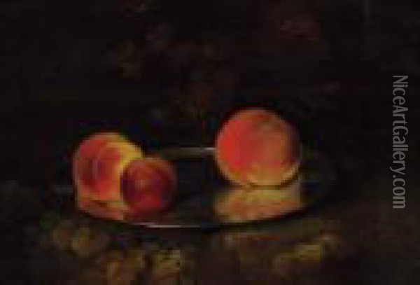 Peaches And A Plum On A Silver Dish Oil Painting - George, of Chichester Smith
