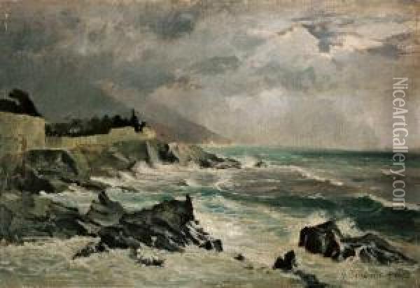 Kuste Bei Nervi Im Sturm. Oil Painting - Gustav Schonleber