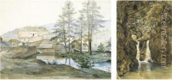 Foss Og Hassel Verk (waterfall & Fra Hasselbrek) Oil Painting - Thomas Fearnley