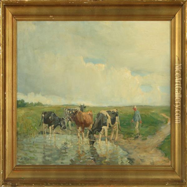 Cows In The Field At A Small Pond Oil Painting - Harald Kjaer