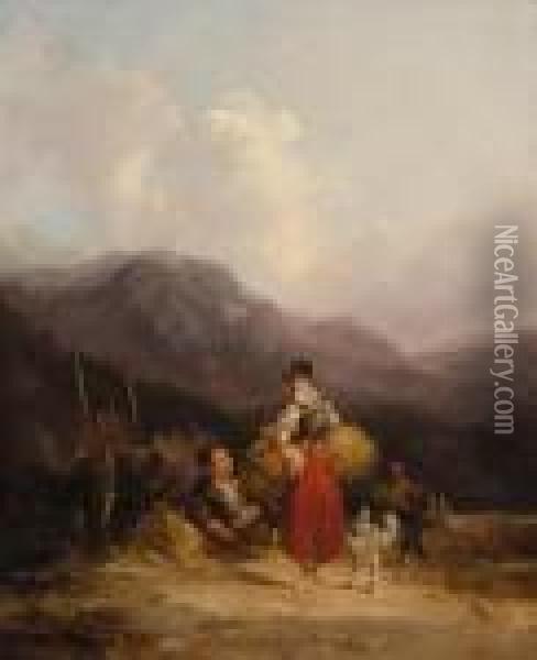Figures Conversing On A Coastal Path Oil Painting - Snr William Shayer