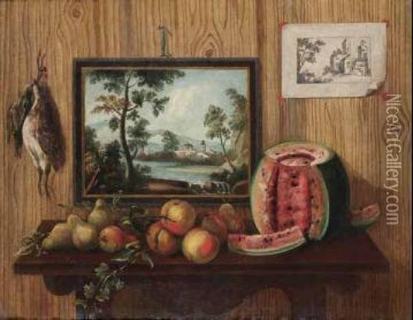 Trompe L'oeil Con Frutta Su Un Piano,
 Dipinto Di Paesaggio, Stampa E
 Cacciagione Oil Painting - Antonio Mara Lo Scarpetta