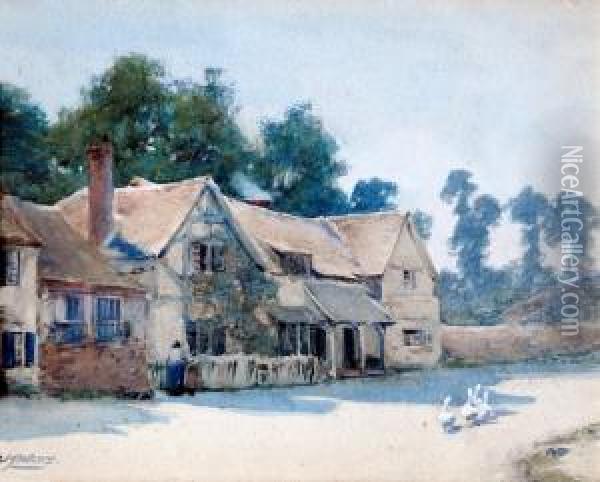 Street Scene, With Cottages And Geese Oil Painting - Louisa Margaret Watts