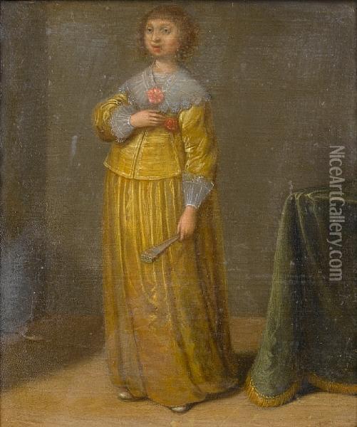 Portrait Of A Lady, Full-length, In A Yellowdress With A White Lace Collar, Held With A Red Rosette, Standingbeside A Draped Table Oil Painting - Laurentius de Neter
