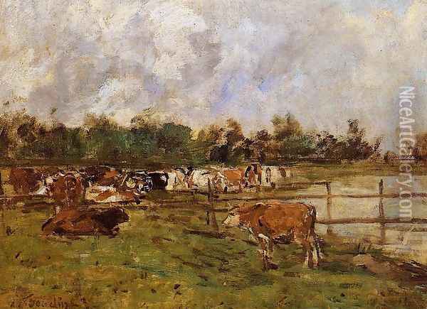 Cows in the Meadow Oil Painting - Eugene Boudin