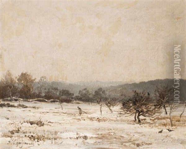 Femme Trainant Une Branche De Bois Mort Dans Un Paysage D'hiver Oil Painting - Jean Ferdinand Chaigneau