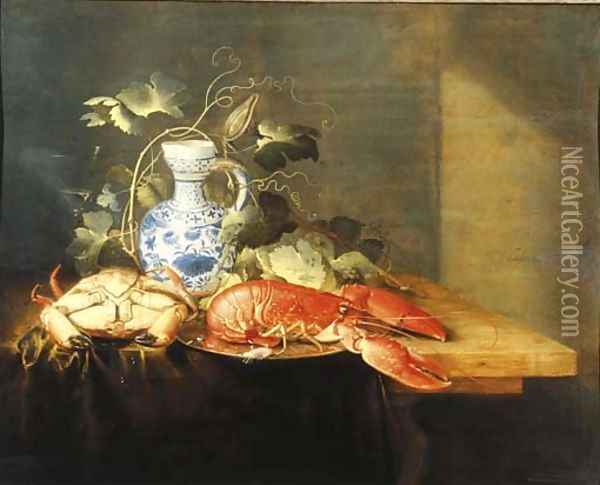 A lobster on a pewter plate, a crayfish, a vine decorating a Delft earthenware jug and a facon-de-Venise wine glass on a draped table Oil Painting - Laurens Craen