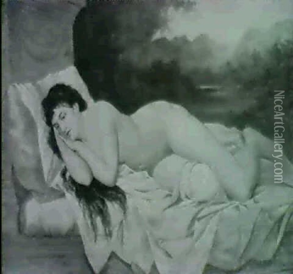 Weiblicher Akt, Auf Kissen Vorlandschaft Lagernd Oil Painting - Gustav Adolf Goldberg
