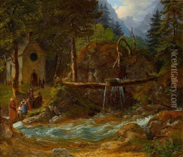 Waldkapelle Am Gebirgsbach Oil Painting - Gustav Reinhold