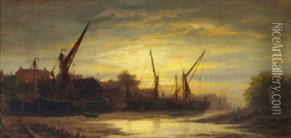 Beached Shipping At Dusk On The Upper Reaches Of The Thames Near Chiswick Eyot Oil Painting - Richard Henry Nibbs