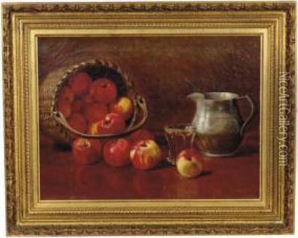 Still Life Of A Basket Of Apples With A Pitcher And Glass On A Table Oil Painting - Robinson Wood Harriette