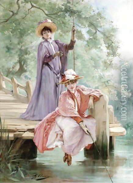 Elegant Ladies Fishing Oil Painting - Georges Jules Victor Clairin