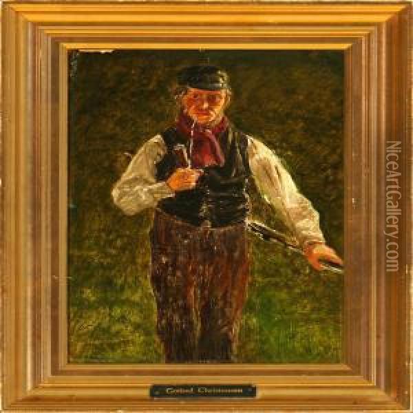 A Peasant With His Pipe Oil Painting - Godfred B.W. Christensen