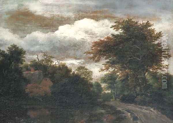 A wooded landscape with a traveller on a path by a pond Oil Painting - Jacob Van Ruisdael
