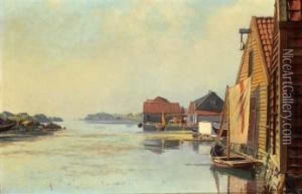 Losbat I Havn 1893 Oil Painting - Lars Laurits Larsen Haaland