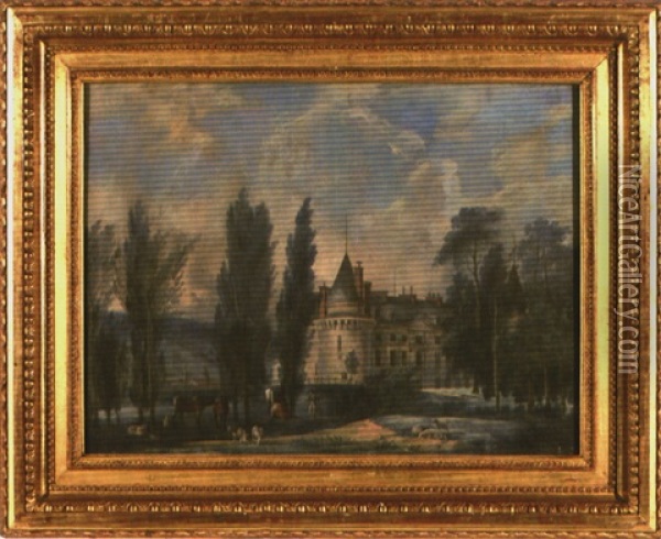 Berger Et Son Troupeau Devant Un Chateau Oil Painting - Antoine Pierre Mongin