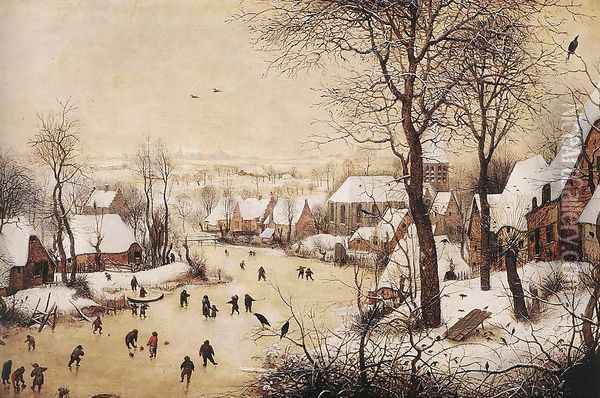 Winter Landscape with Skaters and Bird Trap 1565 Oil Painting - Pieter the Elder Bruegel