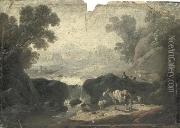 A River Landscape With Peasants And Animals Oil Painting - Jean Baptiste Pillement