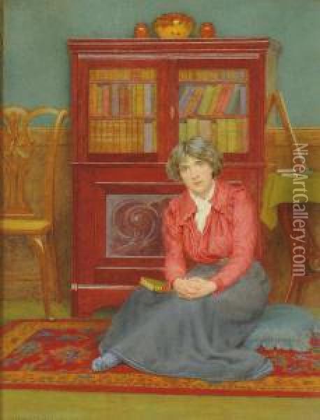A Lady, Seated Small Full-length, With A Book On Her Lap In An Interior Oil Painting - George Marks