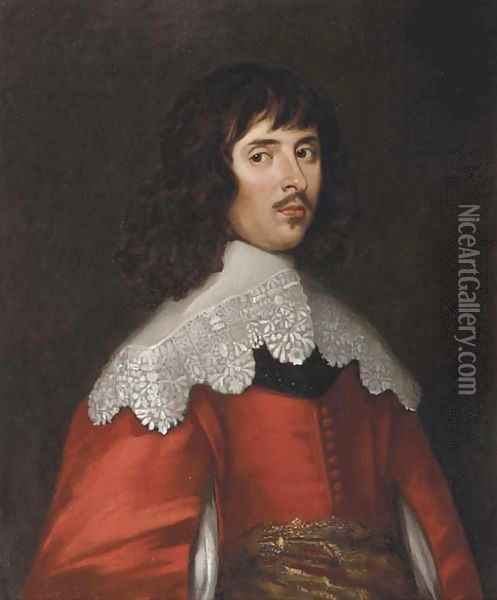 Portrait of a man, half-length, in a red costume with slashed sleeves and a white collar Oil Painting - Sir Anthony Van Dyck