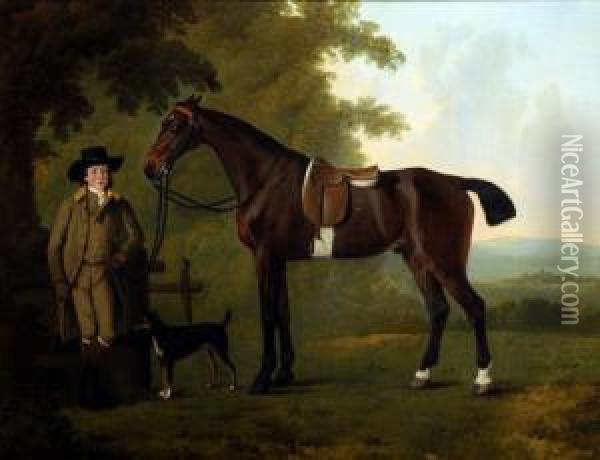 A Young Heir And Stallion, Standing Under A Tree With His Terrier Oil Painting - John Boultbee