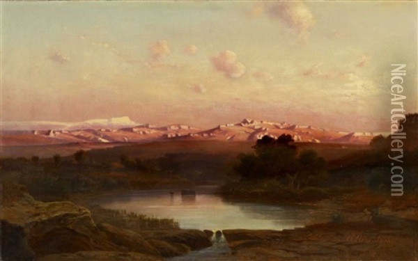 Sudliche Landschaft In Der Dammerung Oil Painting - Andreas Achenbach