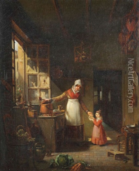 Scene De Cuisine Avec Mere Et Enfant Pres D'une Fenetre Ouverte Oil Painting - Michel Philebert Genod