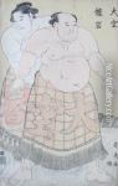 Sumo Wrestlers Oil Painting - Katsukawa Shunei