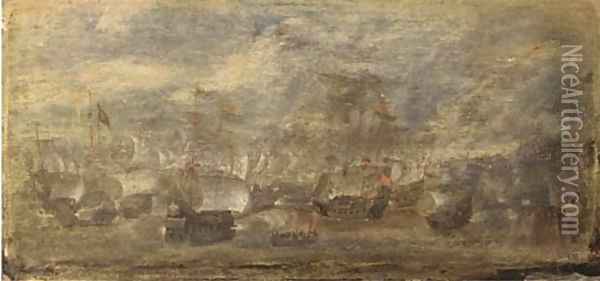 A small naval battle off the coast of a fortified town Oil Painting - Cornelis Hendricksz. The Younger Vroom