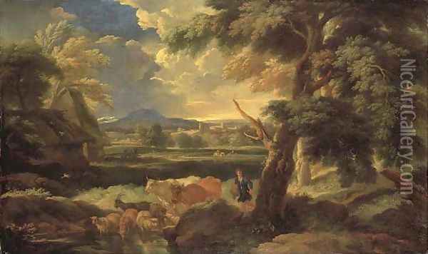 An Italianate landscape with a herdsman watering his livestock Oil Painting - Pieter the Younger Mulier