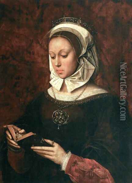 Young Woman in Orison Reading a Book of Hours Oil Painting - Ambrosius Benson