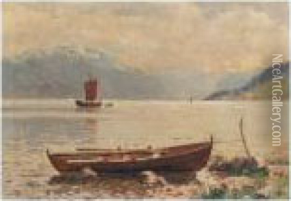 View Of A Fjord; Scetch Of A Shed Oil Painting - Hans Dahl