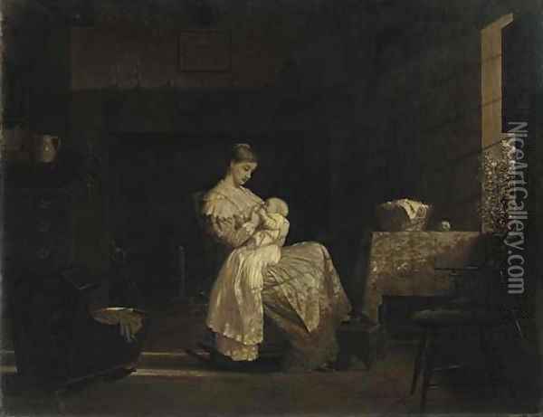 Mother Nursing a Child in an Interior Oil Painting - Enoch Wood Perry