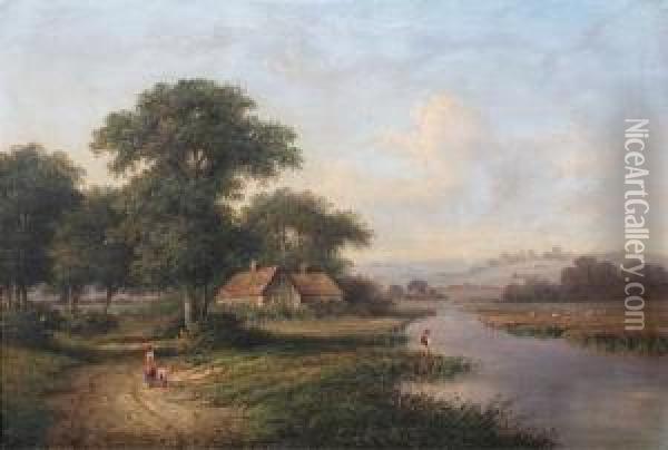 Figures By A Riverside Cottage Oil Painting - Walter Williams