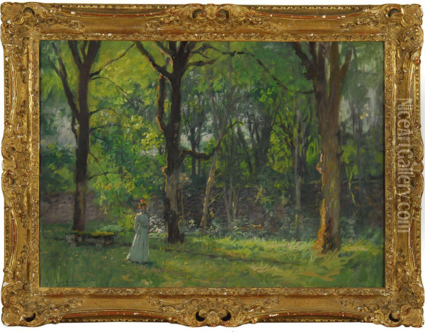 A Fashionable Lady In A Tree-lined Park Oil Painting - Charles De Meixmoron De Dombasle