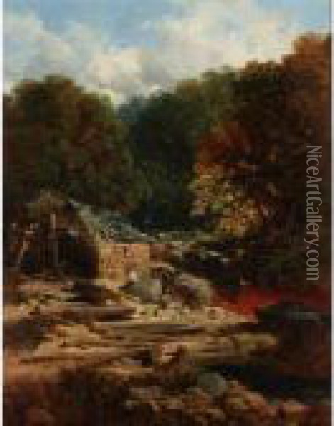 River Landscape With A Fisherman Beside A Watermill Oil Painting - Edmund John Niemann, Snr.
