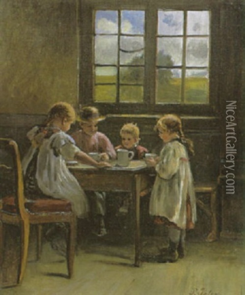 Vier Kinder Beim Milchtrinken Am Tisch Vor Dem Fenster Oil Painting - Pietronella Peters