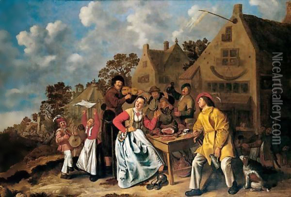 Peasants Feasting And Playing Music Outside A Tavern Oil Painting - Jan Miense Molenaer