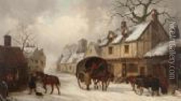 Carts In A Village Street In The Snow, A Forge To The Left Oil Painting - Thomas Smythe